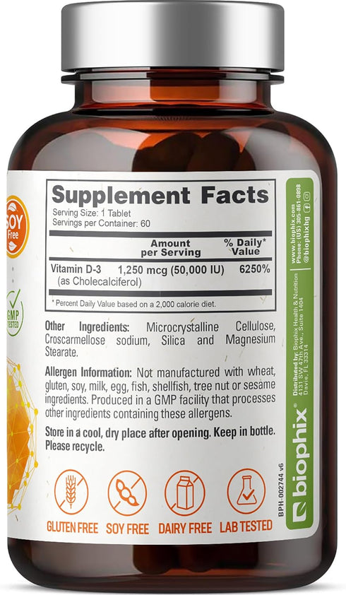 biophix Vitamin D-3 50000 IU, 60 Tablets, High-Potency for Strong Bones & Immune Health