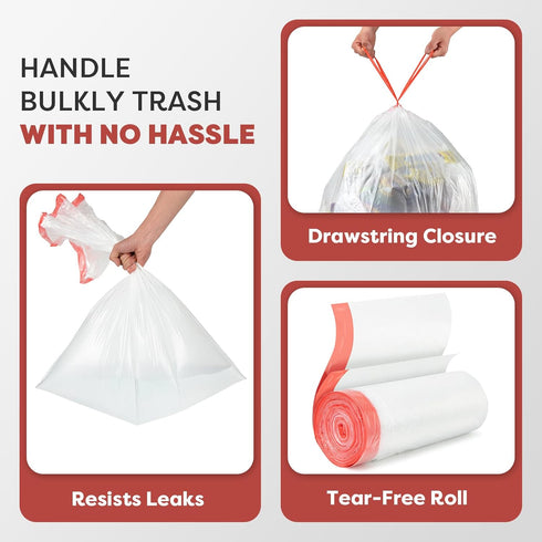 Holuwiso 16-18 105 Count Pre-Separated Gallon Trash Bags Drawstring, Clear, Size M, Tear Free Large Garbage Bags