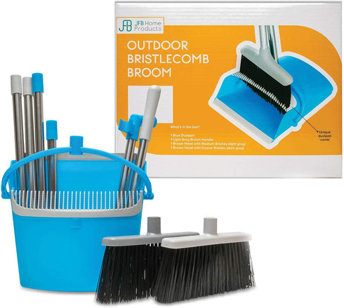 BristleComb Outdoor Broom & Dustpan Set - 49" Long Adjustable Broom, Self-Cleaning Comb & 2 Interchangeable Heads