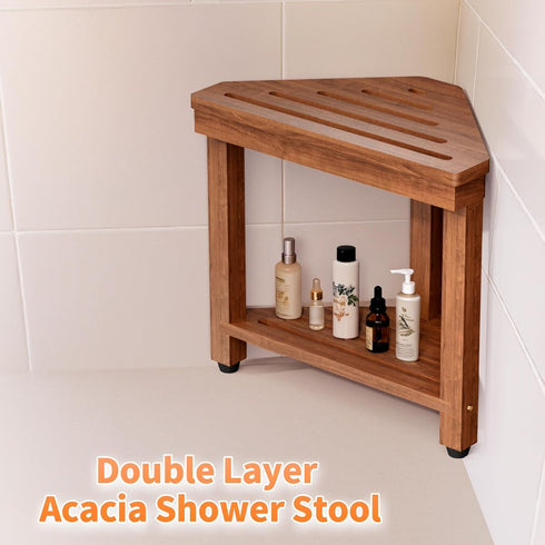 MISSEND 15 Shower Foot Rest in, Acacia Shower Stool for Shaving Legs,Corner Bath Shower Bench with Starage Shelf