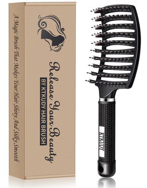 KTKUDY Detangling Hair Brush - Boar Bristle & Tangle-Free Design for Kids, Women, Men (Black)
