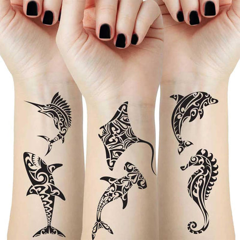 12 Sheets Temporary Tattoos for Men | Maori Stingray Shark Whale Polynesian Tribal Fake Tattoo
