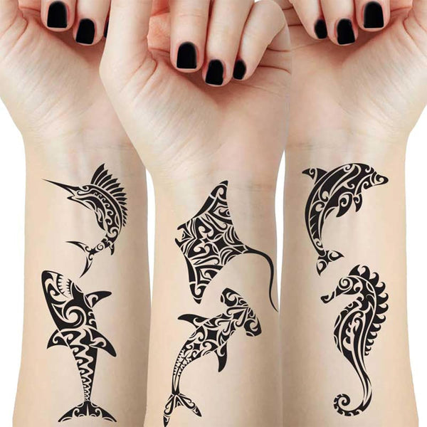12 Sheets Temporary Tattoos for Men | Maori Stingray Shark Whale Polynesian Tribal Fake Tattoo