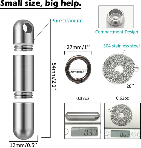 Extended Small Pill Case Necklace, Titanium Mini Pill Container with Chain, Waterproof Holder for Emergency Aspirin