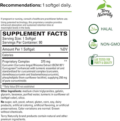 Terry Naturally CuraMed 375 mg, 90 Softgels, Superior Absorption Curcumin for Liver, Brain & Immune Health