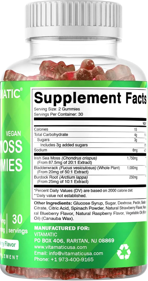 Vitamatic Irish Sea Moss Gummies - 3000 mg, 60 Vegan Gummies for Thyroid, Energy, Immune Support - Pack of 3