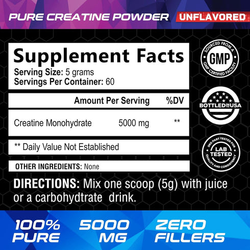 Micronized Creatine Monohydrate Powder, Unflavored 5000mg Per Serv, 60 Servings