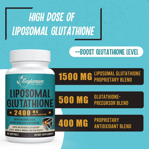 2400 MG Liposomal Glutathione Softgels, 60 Softgels - Max Absorption, Active L-Glutathione, with Hyaluronic Acid
