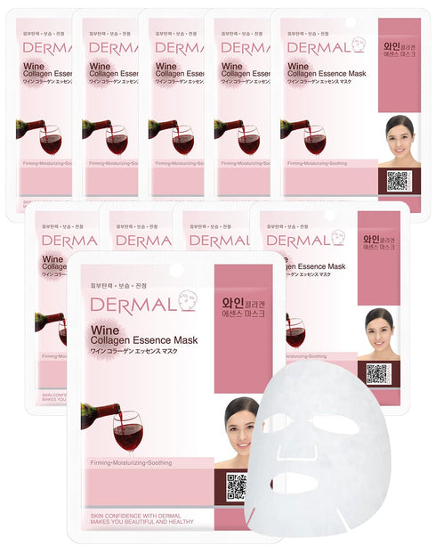DERMAL Wine Collagen Essence Korean Facial Mask, Pack of 10, Hydrating & Revitalizing Sheet for Tired Skin