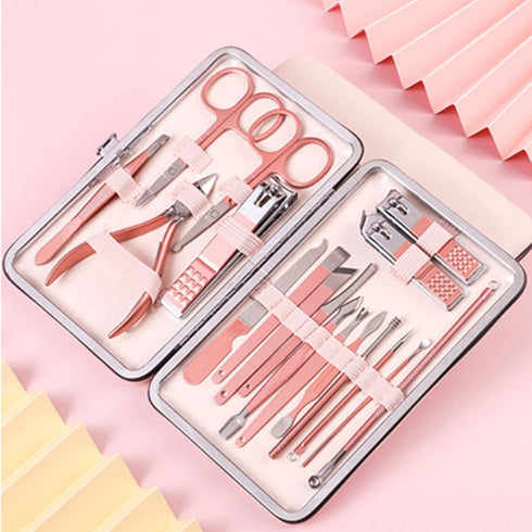 Nail Clippers and Beauty Tool Portable Set,Rose Gold Stainless Steel Manicure Set 18 in 1, Pedicure Tools with Leather Bag for Home,Gift Giving, Beauty Salon