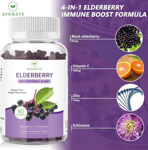 AFXMATE (2-Pack) Elderberry Gummies - Sambucus Black Elderberry with Zinc and Vitamin C, 120 Gummies