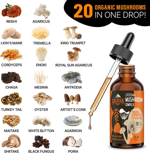 Liposomal Mushroom Complex Drops 2000 MG - 20 Organic Mushroom Extracts for Immunity & Cognitive Support - 90 Servings