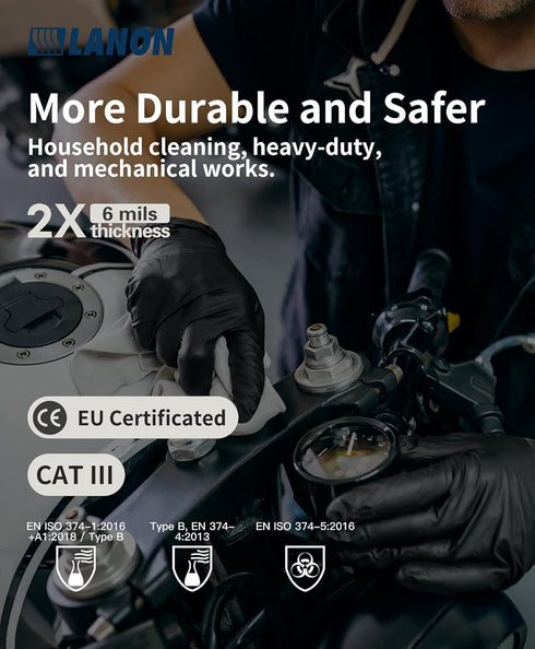 LANON Black Nitrile Disposable Gloves, 6-mil, Large, Food-Safe, Powder-Free, Heavy-Duty, Latex-Free, Textured Fingertips