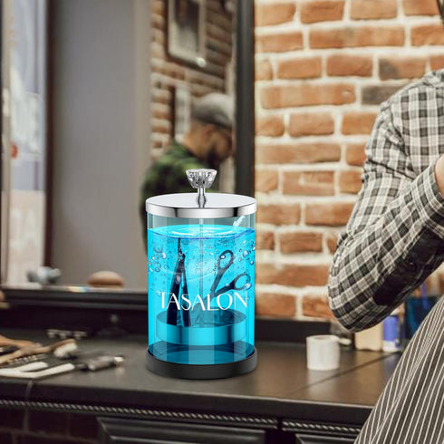 TASALON Barber Jar (25 oz) - Stainless Cap and Durable Glass, Disinfectant Jar with Removable Basket for Salon or Nail