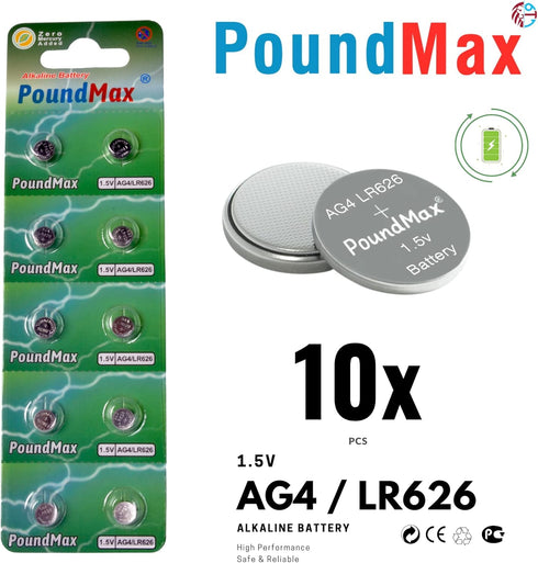 PoundMax AG4 LR626 1.5v 10 Count Batteries Alkaline Button Cell Battery
