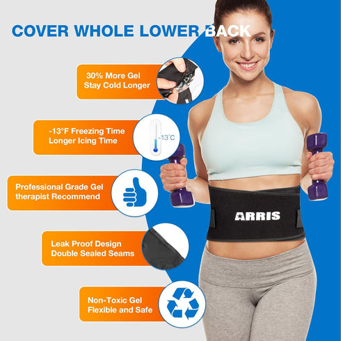 ARRIS Gel Ice Pack for Back - Flexible Hot Cold Therapy Wrap with Support Belt for Pain Relief