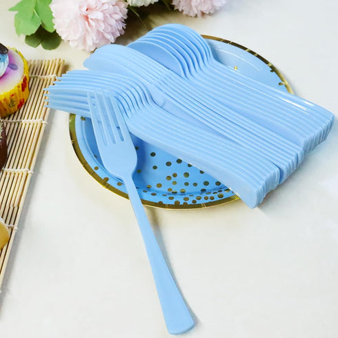 150 Pack Light Blue Plastic Silverware, Heavy Duty Utensils, 50 Forks, 50 Knives, 50 Spoons for Birthday Wedding Baby