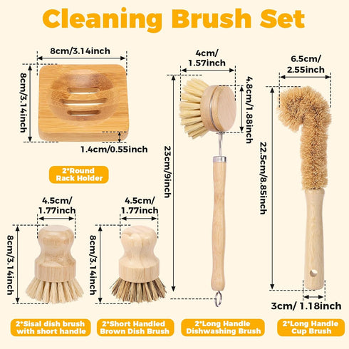 YMKWZ 10 Set, Pcs Bamboo Dish Brush Wooden Dish Brush with Long Handle Cup Brush, Short Handle Sisal & Coarse Brushes