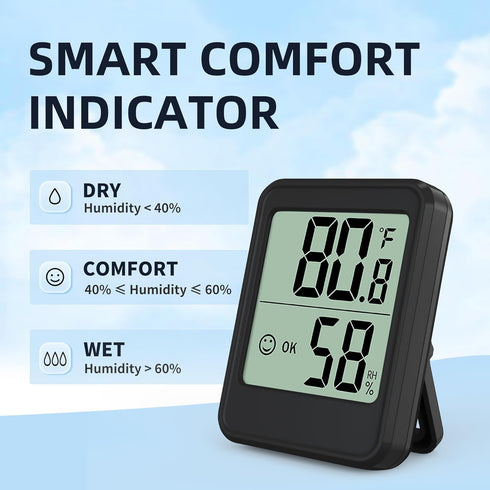 Digital Hygrometer Indoor Thermometer, 2.7in Room Thermometer Humidity Meter w/High Accurate Sensor, Home Essentials Temperature & Humidity Monitor Gauge for Bedroom, Baby Room, Greenhouse (Black)