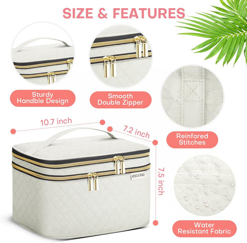 Large Makeup Bag with Mirror, Double Layer Travel Organizer Case, Large Capacity with Brush Slot Divider