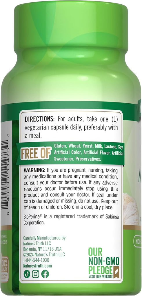 Lions Mane Mushroom Supplement | 2100mg | 50 Capsules | Non-GMO, Gluten Free, Vegetarian | Plus BioPerine