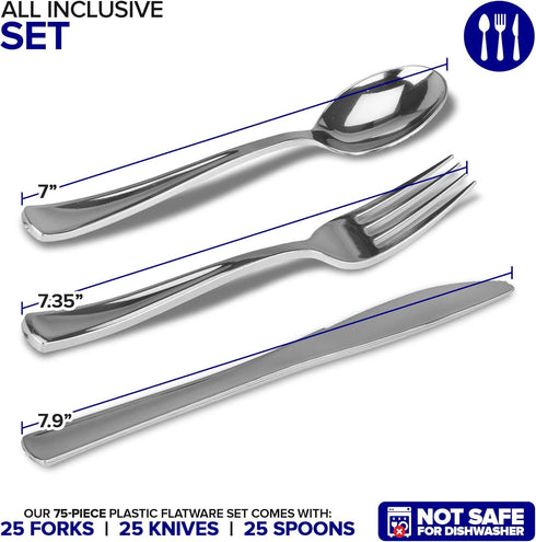 75 Pieces Heavy Duty (Silver) Plastic Silverware Set, Disposable Cutlery Set, Great for Parties, Weddings, and Catering, Flatware Utensils Included: 25 Forks, 25 Spoons, 25 Knives, Stock Your Home by Stock Your Home