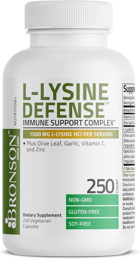 Bronson L-Lysine Defense Immune Support Complex 1500 MG - 250 Non-GMO Vegetarian Capsules with Olive Leaf, Garlic,