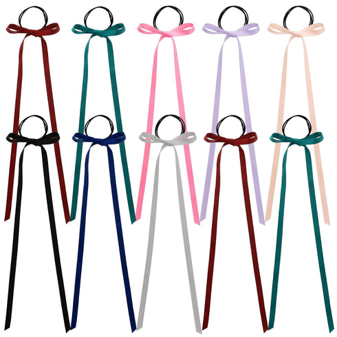 PAGOW 10 Pieces Long Silk Ribbon Hair Bands, Colourful Hair Scarf with Bow, Satin Hair Scrunchies for Women, Kids, Girls
