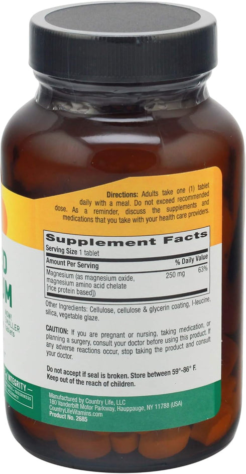 Country Life Chelated Magnesium 250mg, Daily Supplement, 90 ct