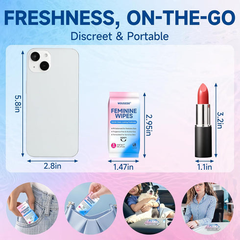 WOUSEDO Packs, 8 Pack 64 Feminine Hygiene Wipes for Women, Impossibly Compact Travel Mini pH Balanced Unscented