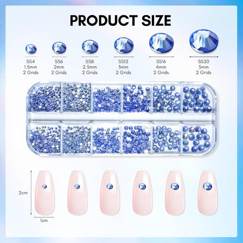 Makartt Blue Nail Rhinestones, Multi-Size Flatback Crystal Glass Nail Charms for DIY Crafts and Nail Art Supplies
