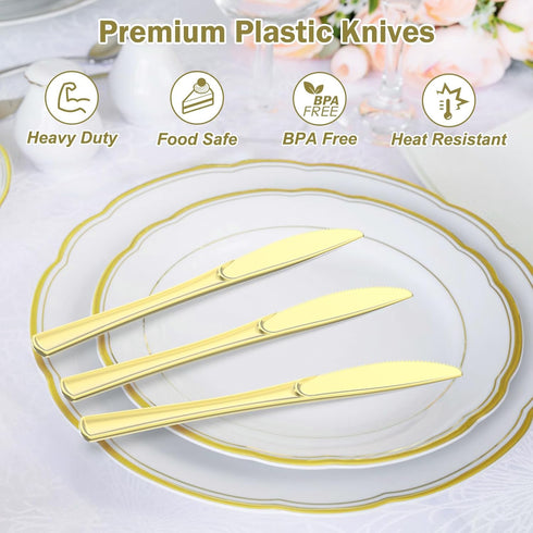 100 Count Heavy Duty Gold Plastic Knives, Disposable, BPA-Free, Heat Resistant, Premium Plastic for Party Supply