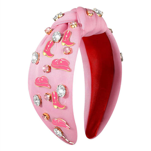 Western Headbands for Women, Jeweled Rhinestone Crystal Knotted Headbands, Cowgirl Hair Accessories (Pink)