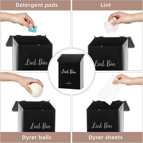 Magnetic Black Lint Bin for Laundry - Wall-Mounted Trash Can with Lid