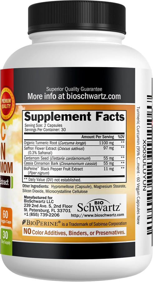 Turmeric Supplement with Saffron, Cinnamon & Cardamom - 60 Capsules, Natural Tumeric Curcumin Joint Support Supplement