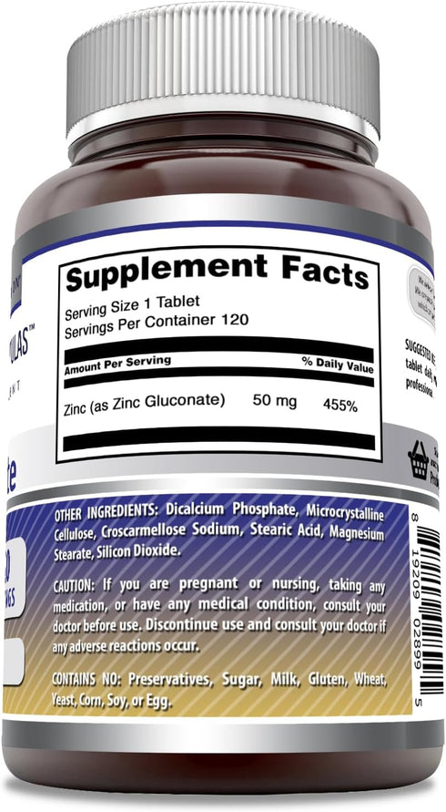 Amazing Formulas Zinc Gluconate Supplement | 50 Mg Per Serving | Non-GMO, Gluten-Free, Made in USA (120 Count)