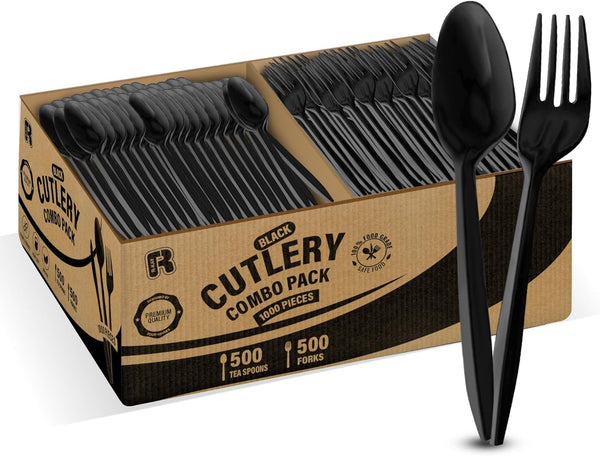 1000 Pcs Black Plastic Utensils Set - 500 Forks and 500 Teaspoons, Bulk Black Cutlery Set, Packaging May Vary
