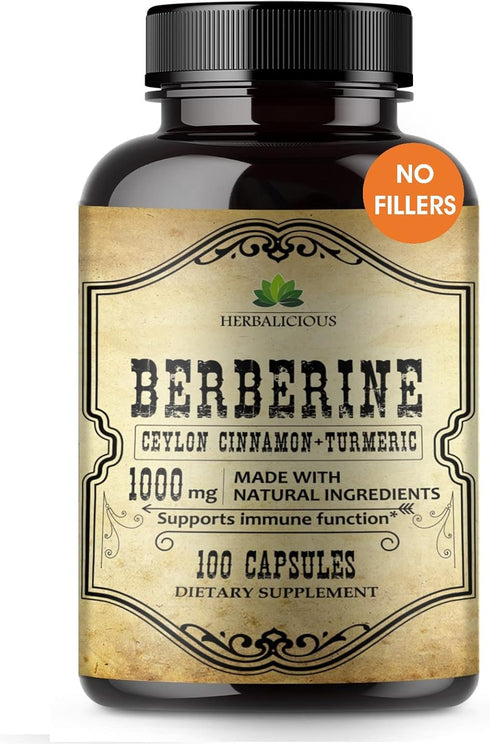 Berberine Capsules with Ceylon Cinnamon & Turmeric, Non GMO Dietary Supplement for Immune Support, 1000mg
