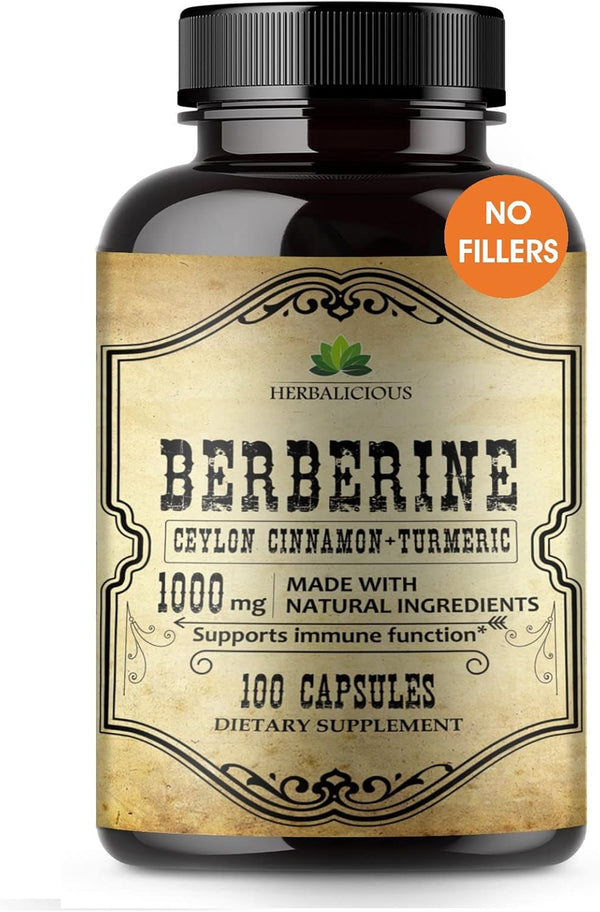 Berberine Capsules with Ceylon Cinnamon & Turmeric, Non GMO Dietary Supplement for Immune Support, 1000mg