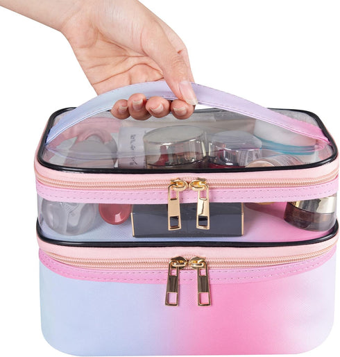 Travel Makeup Bag, Portable Waterproof Cosmetic Bag for Women, Foldable Makeup Cases (Rainbow Pink)