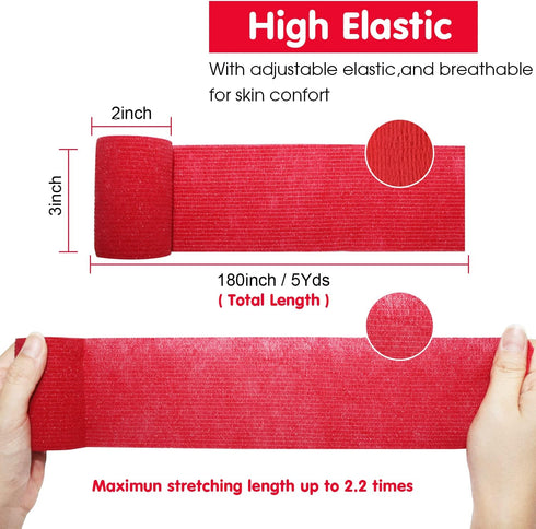 Self Adherent Cohesive Bandage Latex 3"x5 Yards, 12 Rolls First Aid Bandages for Wrist Ankle Sprain, Red