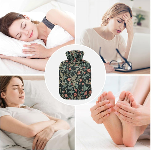 YNNALE 2Liter Retro Sage Green Red Floral Hot Water Bottle with Cover, Soft Velvet Winter Warm Water Bag for Neck