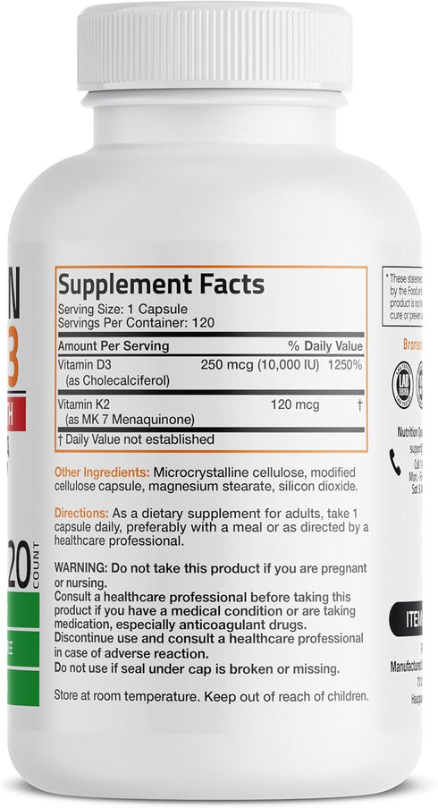 K2 (MK7) D3 10,000 D3 120 K2 MK-7 120 Bronson Vitamin with Extra Strength Supplement Bone and Heart Health Non-GMO