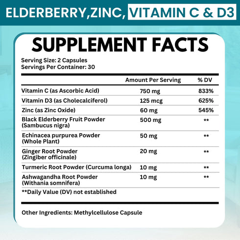 Immune 8-in-1 5000 60 Elderberry Support Supplement Formula with Echinacea, Vitamin C & Zinc, Vitamin D IU, Turmeric