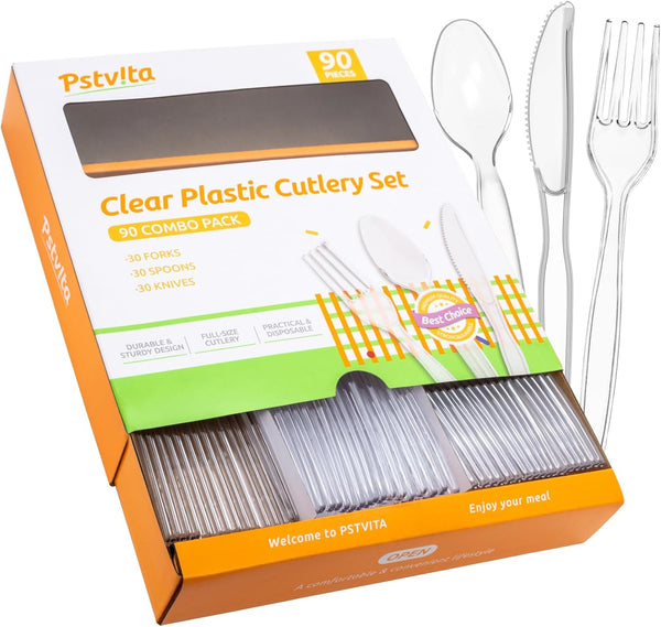 Heavy Duty Plastic Cutlery Set - Disposable 30 Forks, 30 Spoons, 30 Knives, Clear, Pack of 90
