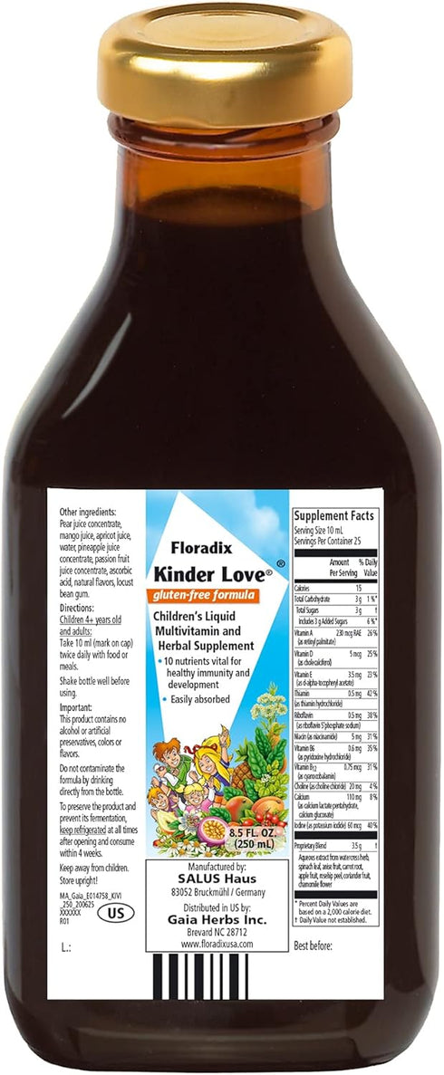 Floradix Kinder Love Vegan Gluten-Free Liquid Multivitamin for Healthy Development, 8.5 Fl Oz