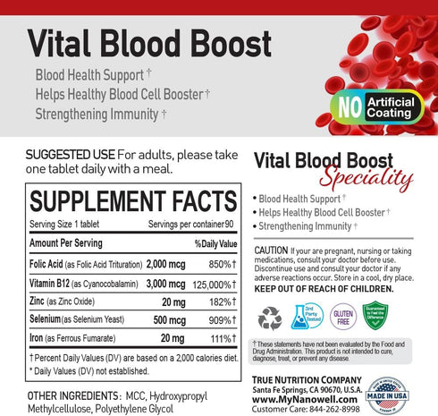 Vital Blood Boost - 90 Tablets, 90 Day Supply - Dietary Supplement for White and Red Blood Cell Support with Iron,