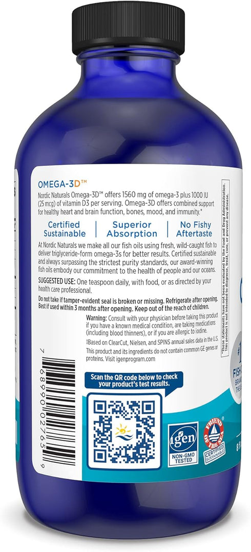 Nordic Naturals Omega-3D, Lemon Flavor - 8 oz - 1560 mg Omega-3 + 1000 IU Vitamin D3 - Fish Oil for Heart Health