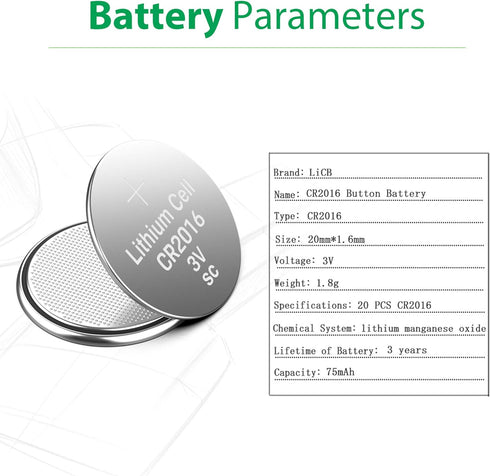 LiCB CR 2016 Battery - CR2016 Lithium Batteries, 3 Volt Coin & Button Cell (20 Pack)
