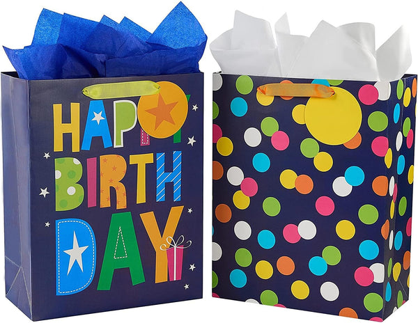 SUNCOLOR 2 Pack 13" Large Gift Bag with Tissue Paper for Him, Happy Birthday
